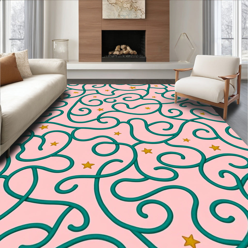 Pink Teal Swirls Stars Rug