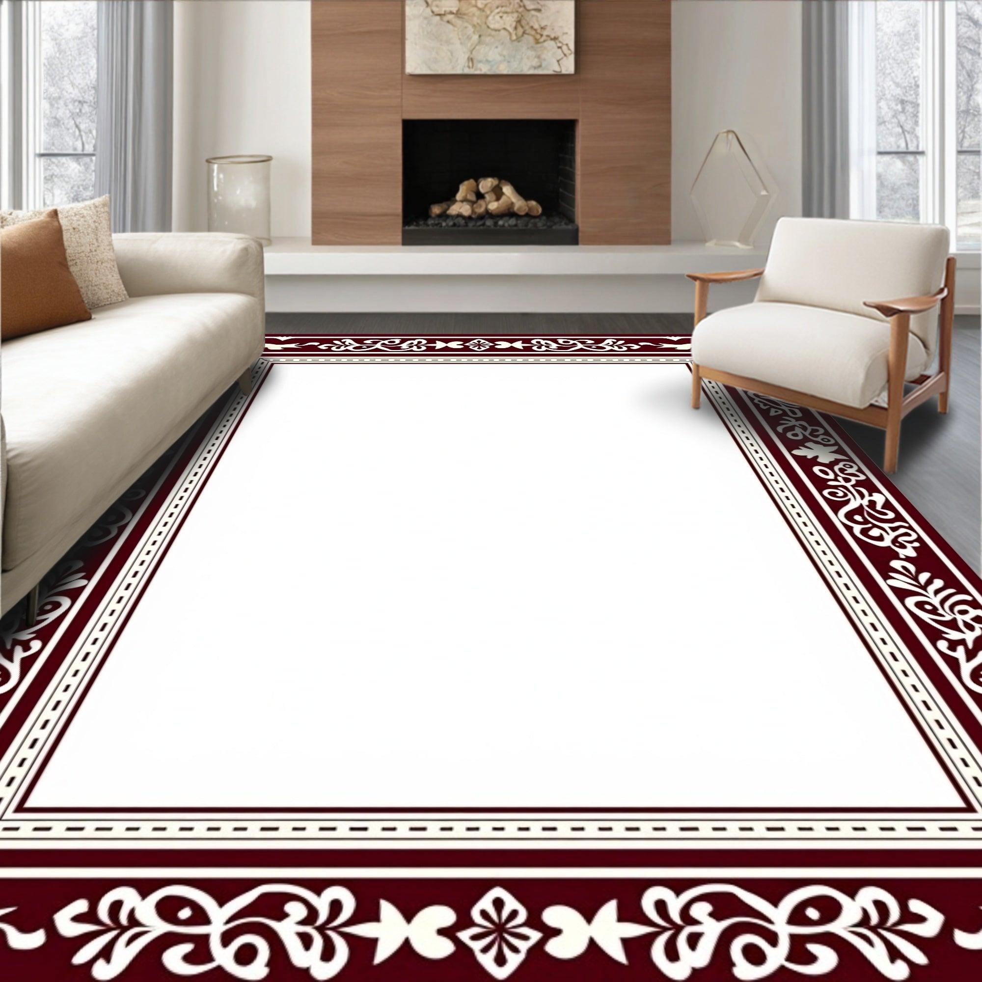 Bold Crimson Floral Vine Border Rug