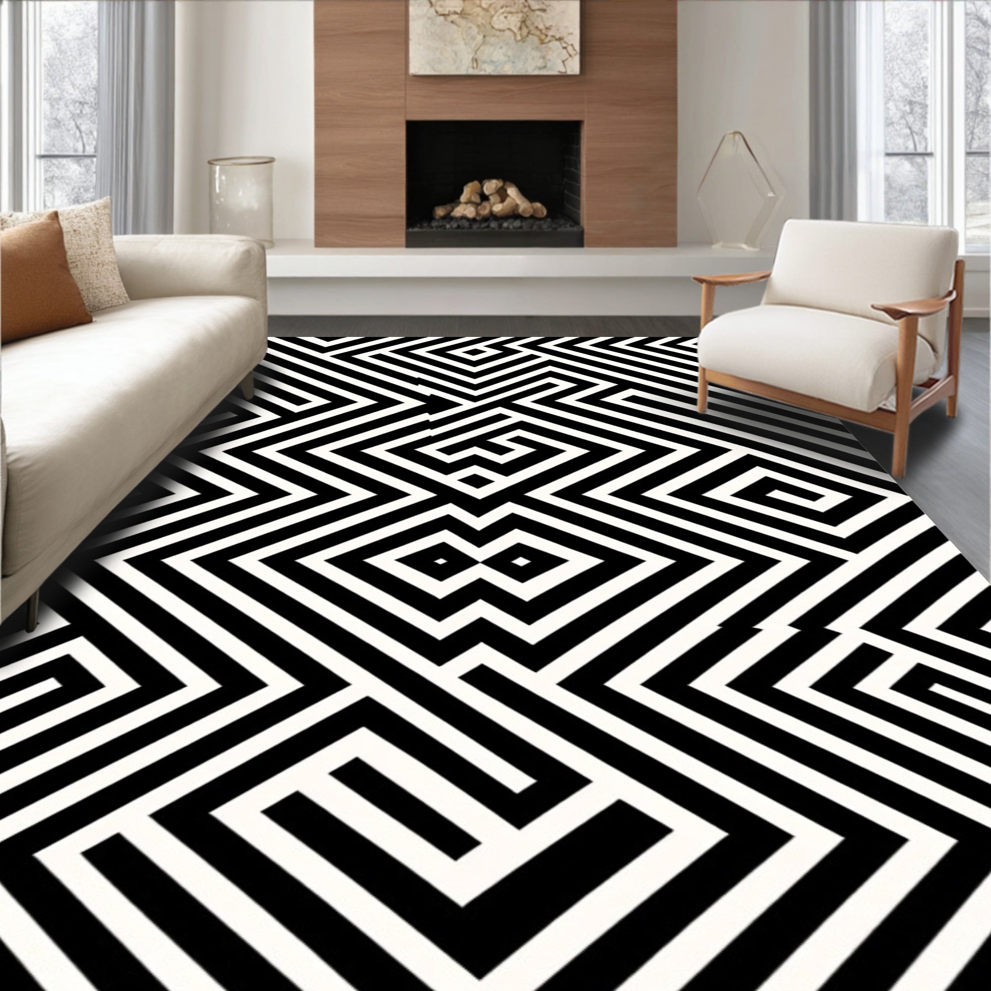 Monochrome Geometric Maze Optical Illusion Rug