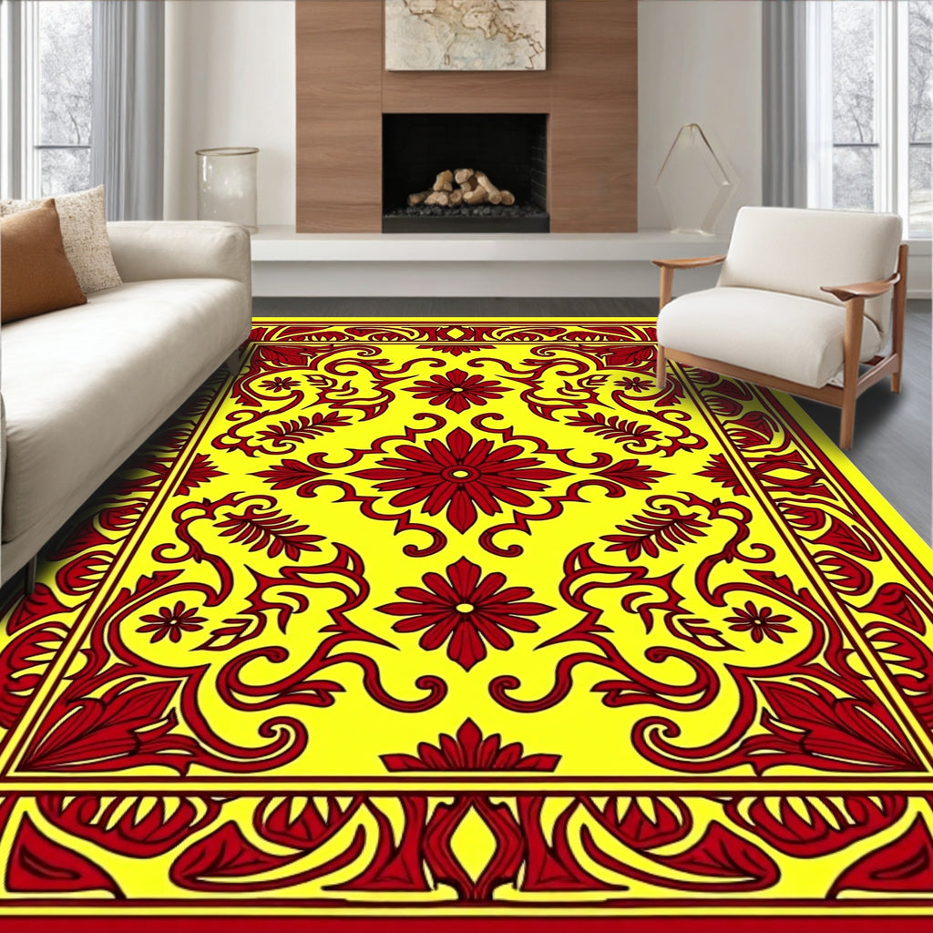Vibrant Red Floral Medallion Yellow Rug