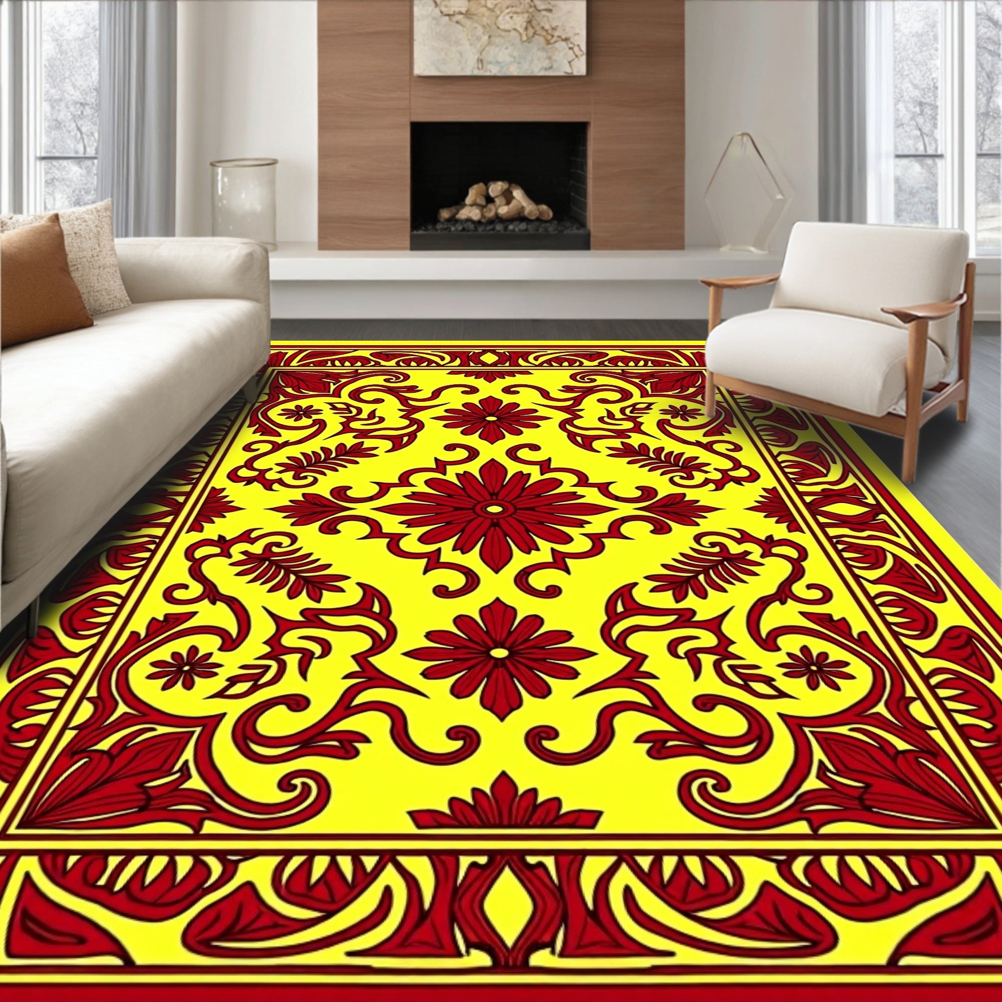 Vibrant Red Floral Medallion Yellow Rug