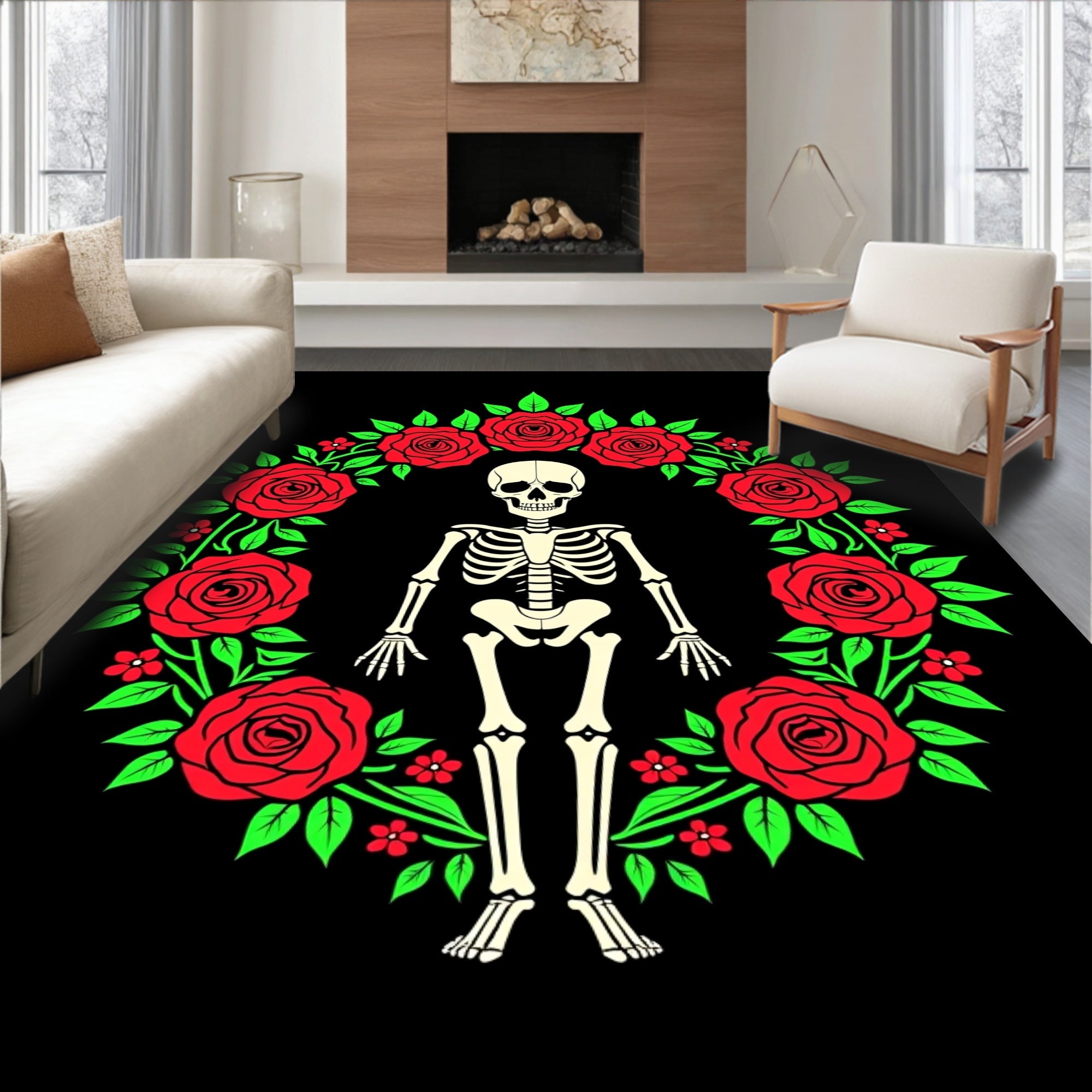 Gothic Skeleton Rose Garland Rug