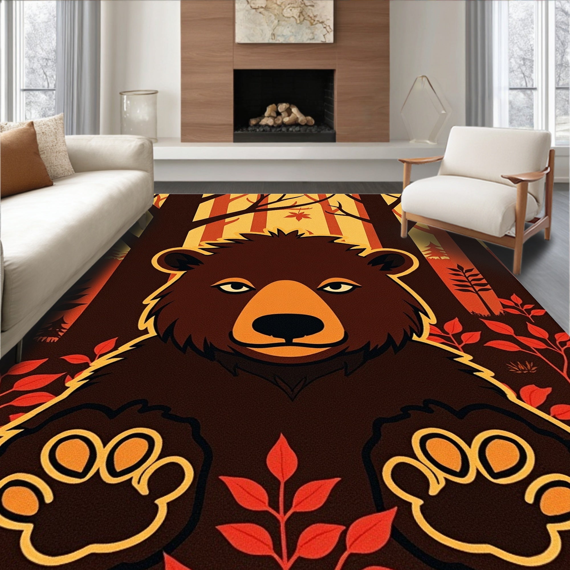 Rustic Bear Forest Foliage Accent Rug