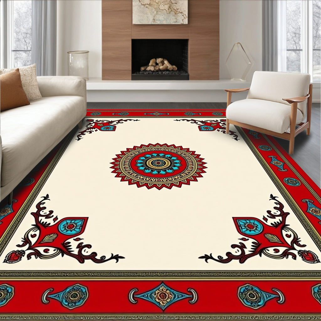 Red Cream Mandala Art Frame Rug