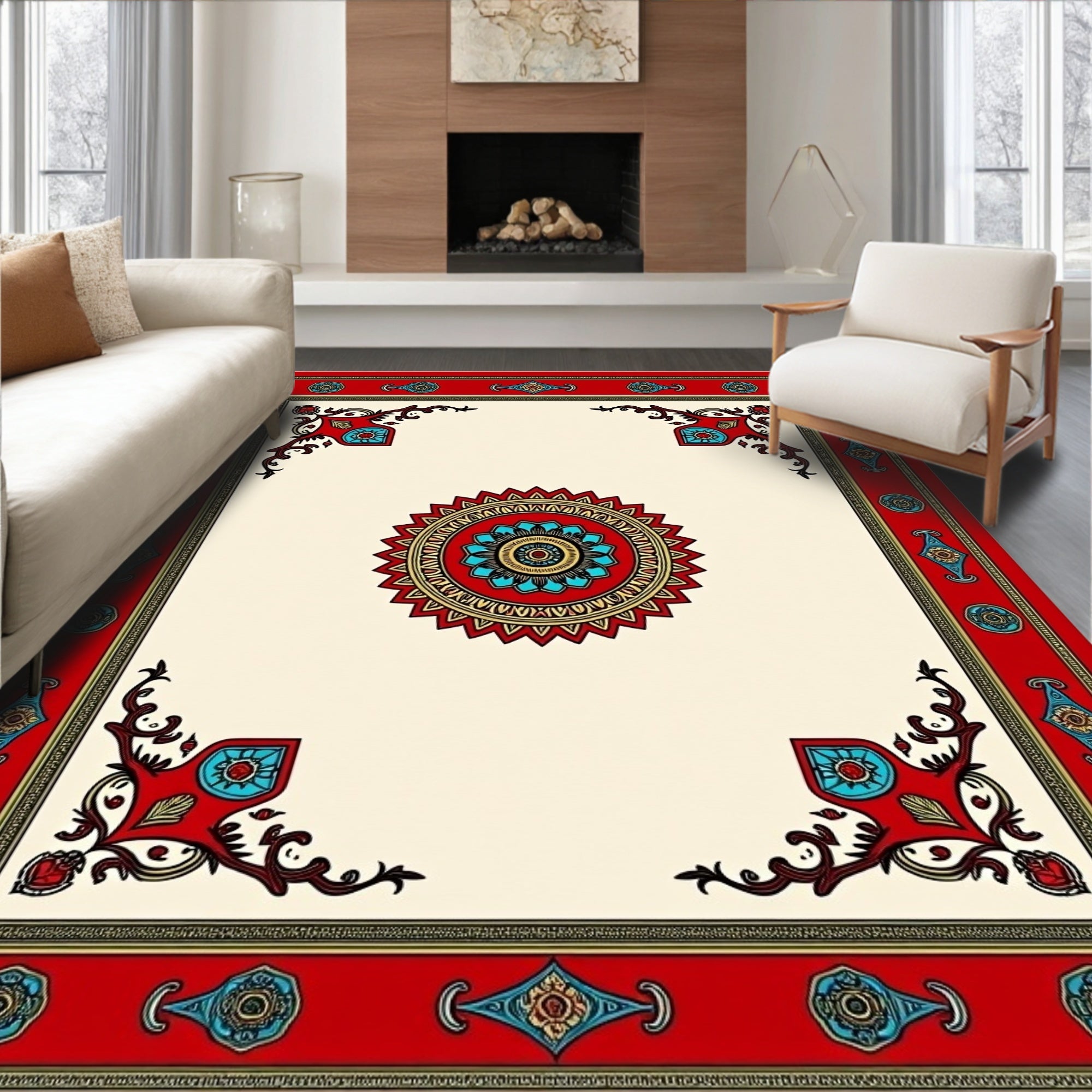 Red Cream Mandala Art Frame Rug