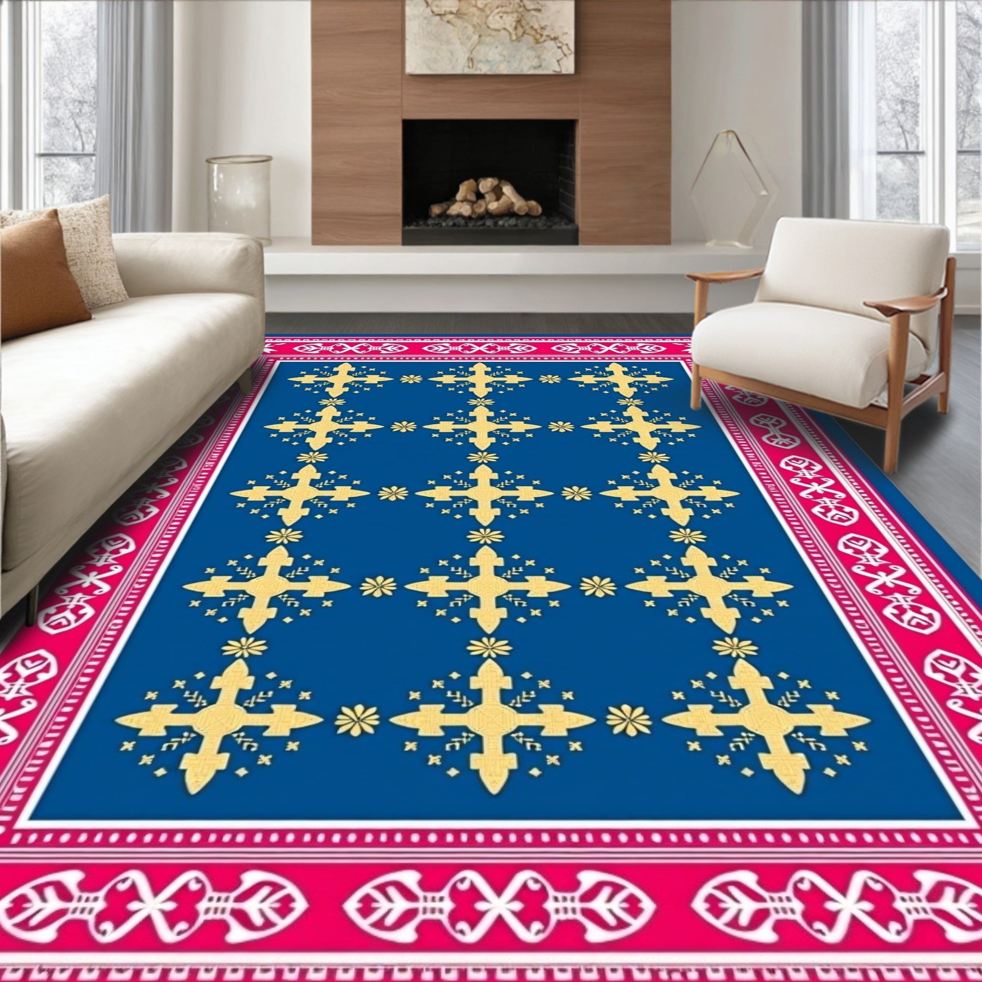 Vibrant Gold Crosses Blue Border Rug