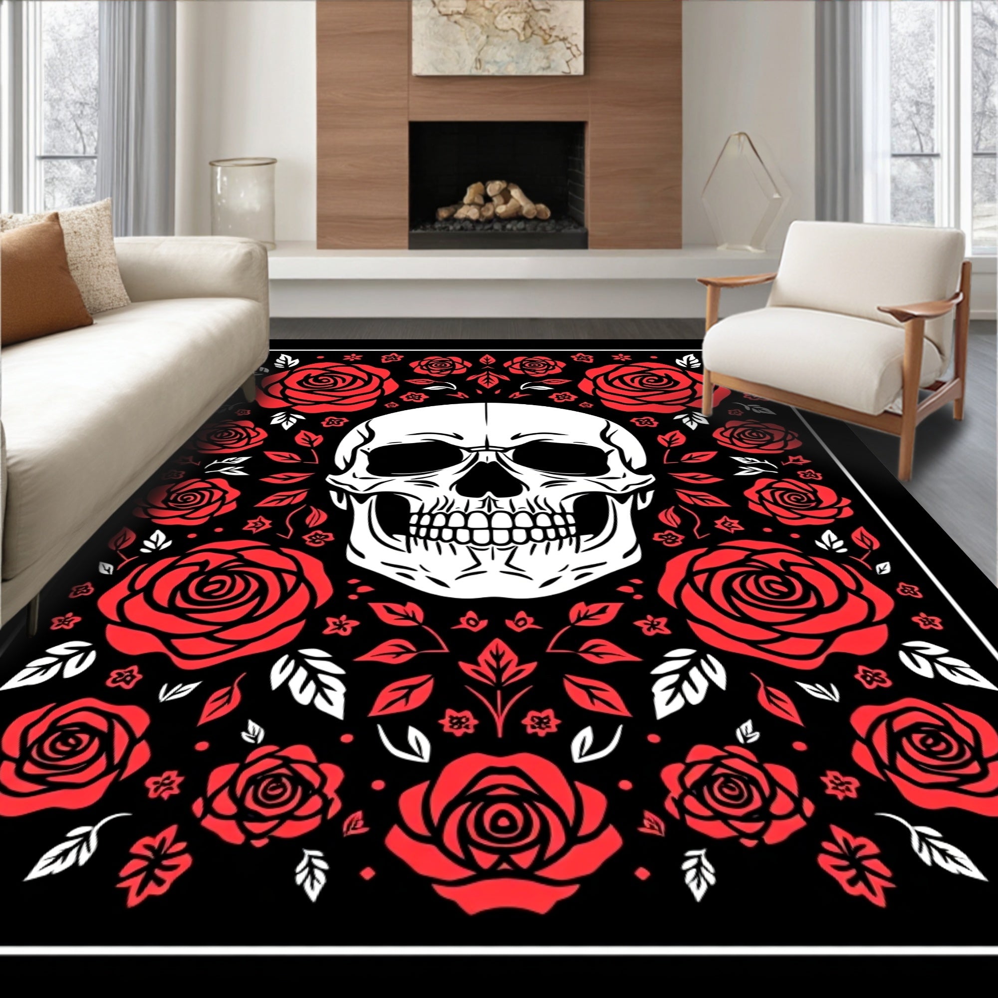 Bold Red Skull Rose Garland Rug