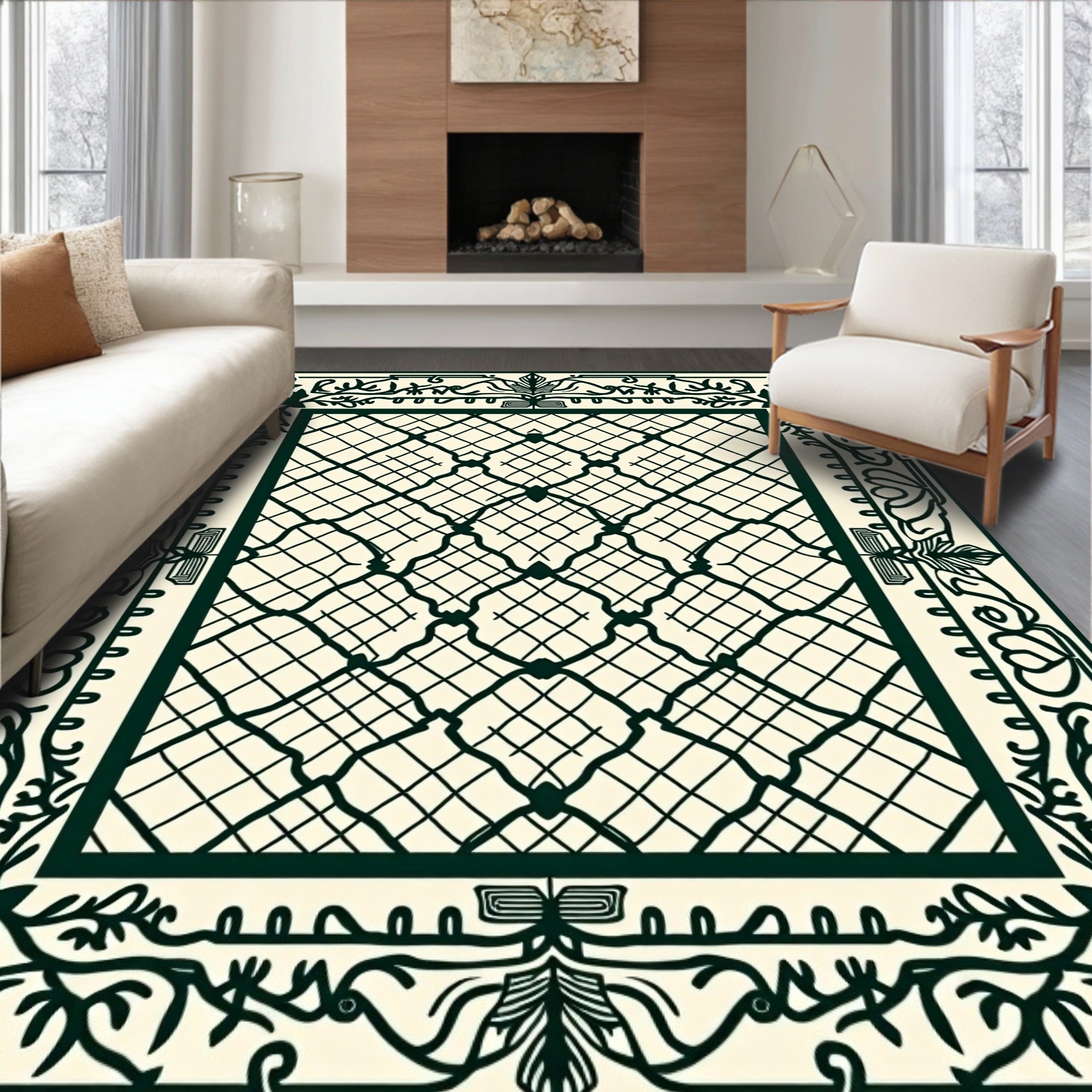Cream Lattice Border With Vines Rug