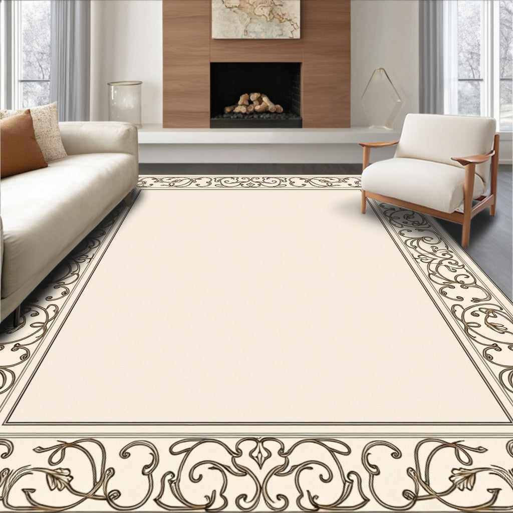 Ornate Cream and Brown Scroll Border Rug