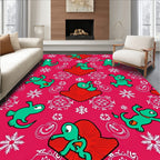 Whimsical Green Creatures Red Blooms Rug