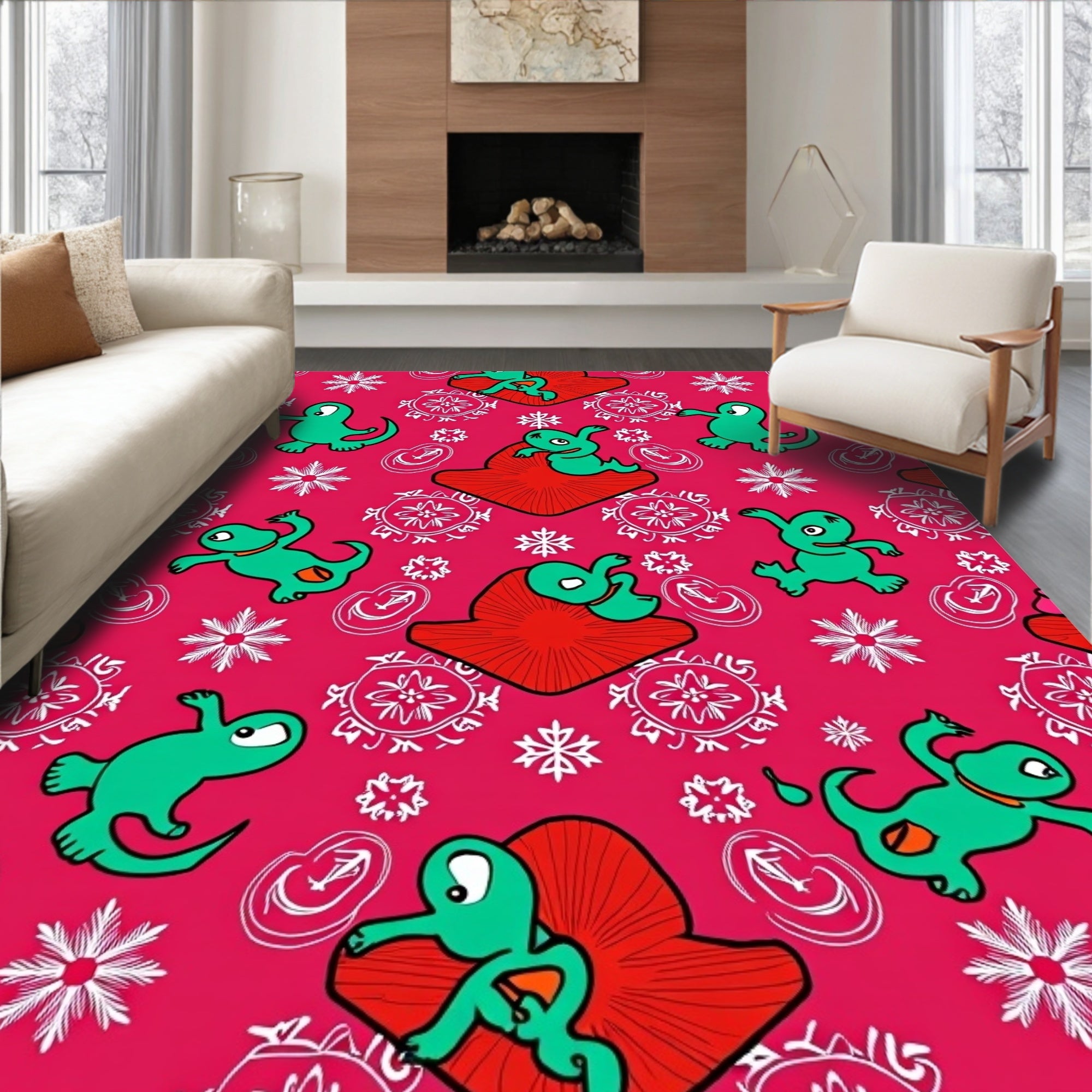 Whimsical Green Creatures Red Blooms Rug