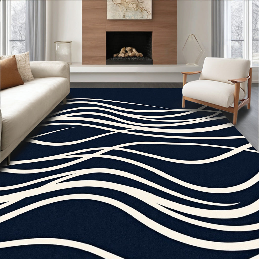 Deep Navy White Wave Curvature Rug