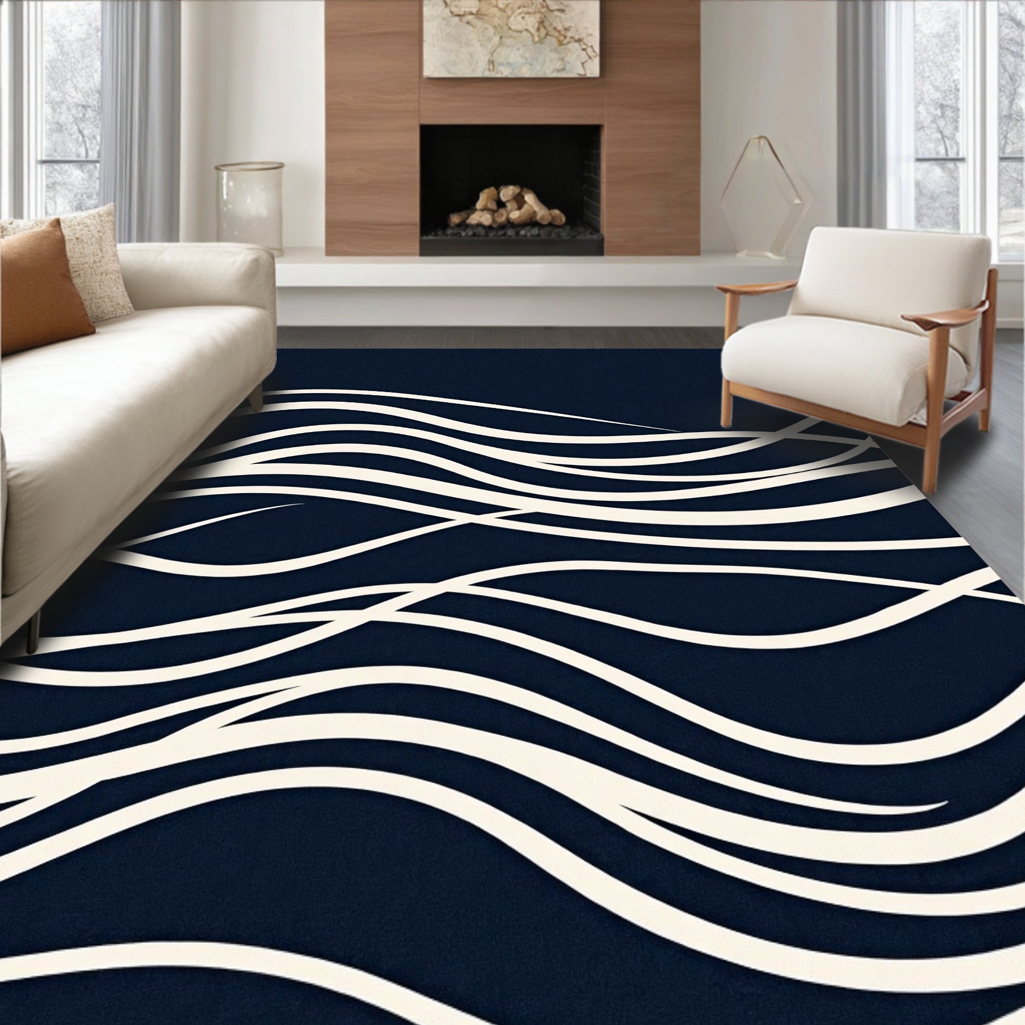 Deep Navy White Wave Curvature Rug