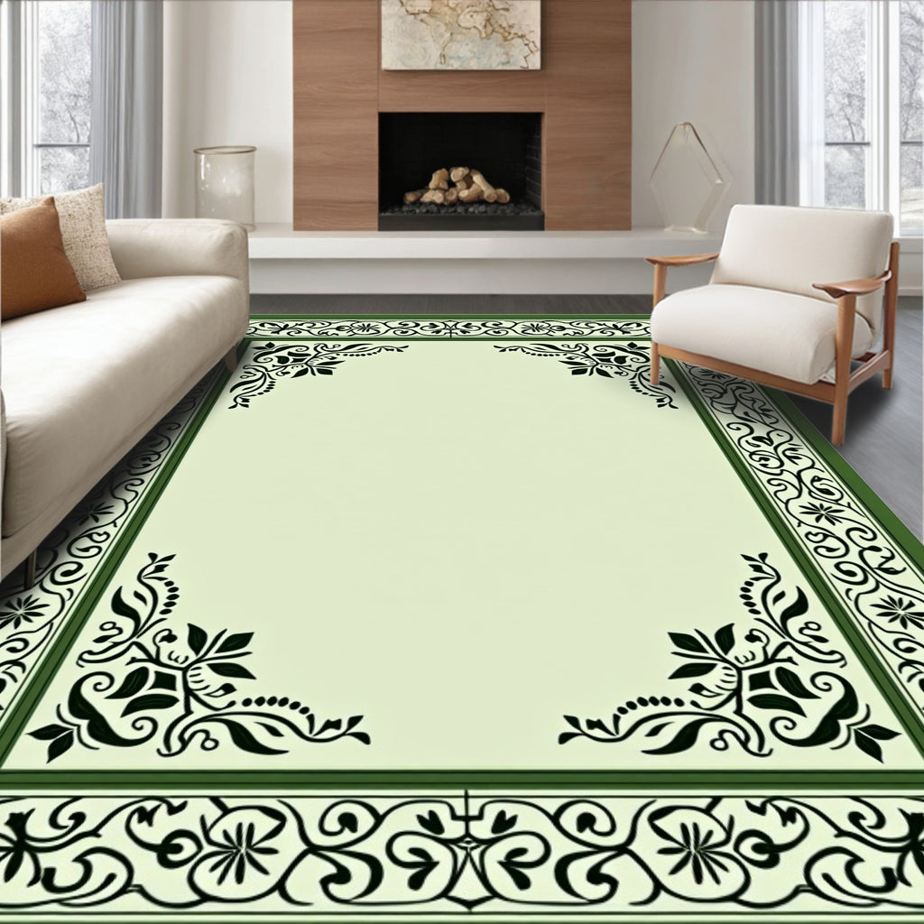 Green Floral Vine Border Garden Rug
