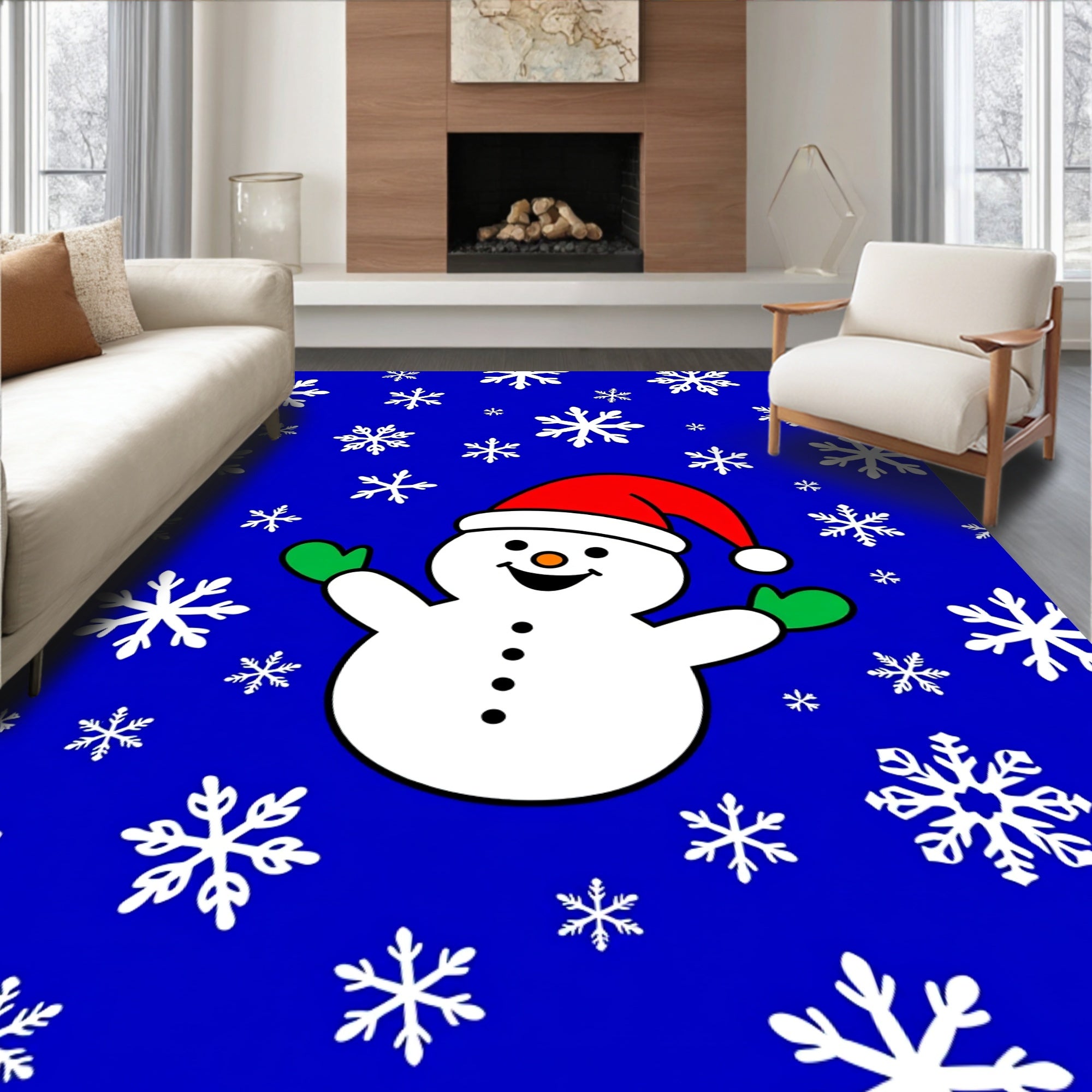 Cheerful Snowman With Falling Snowflakes Rug