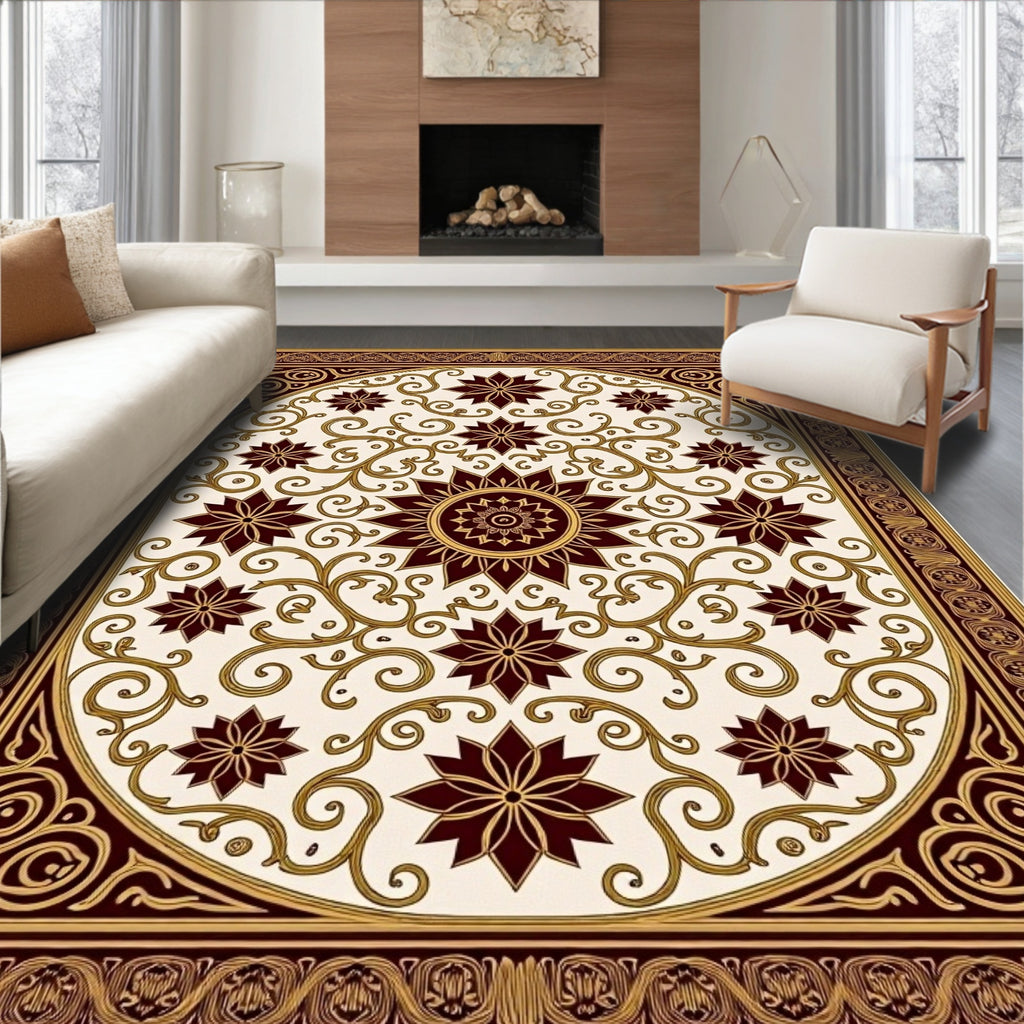 Rich Burgundy Floral Swirl Cream Rug