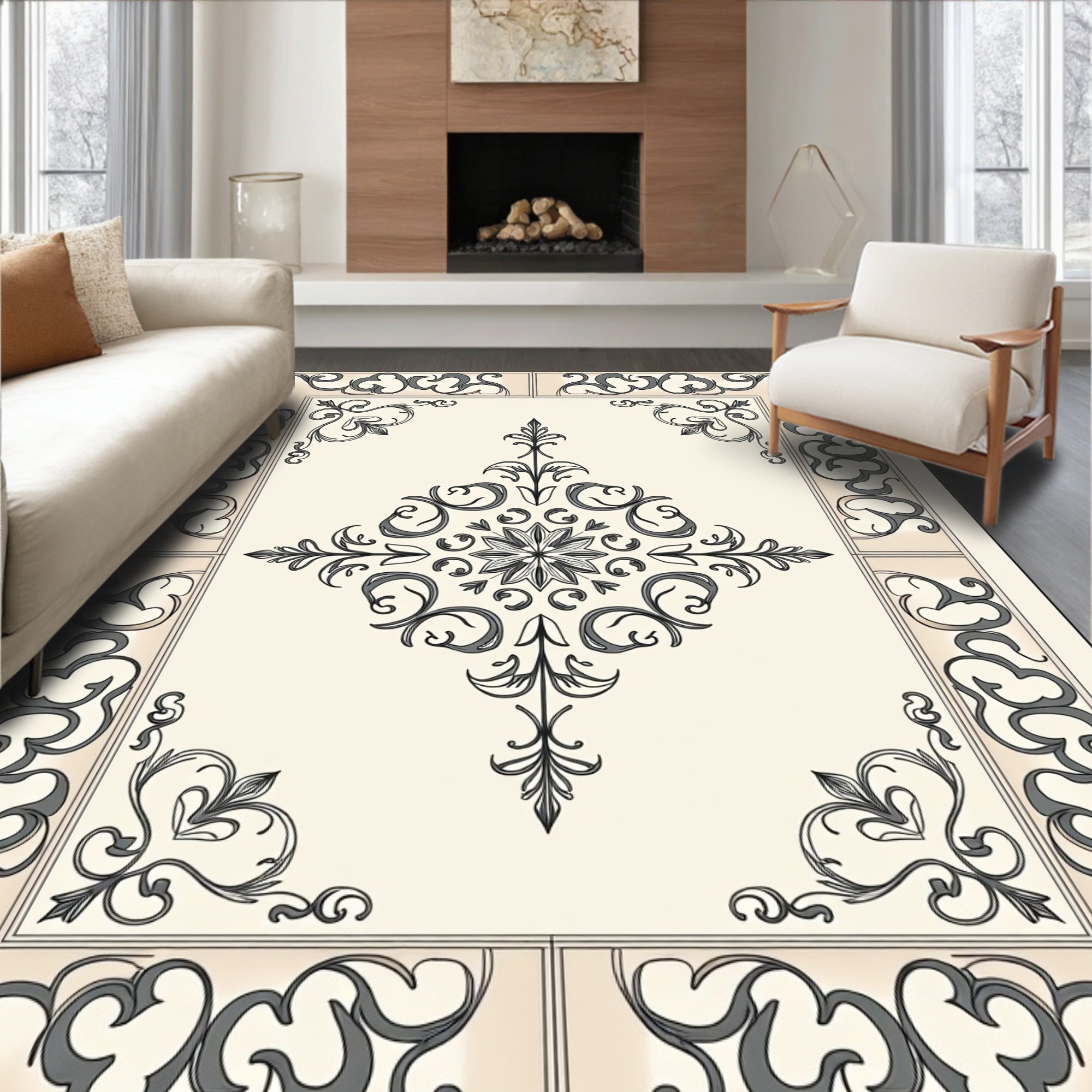 Off-white Gray Ornate Floral Medallion Rug