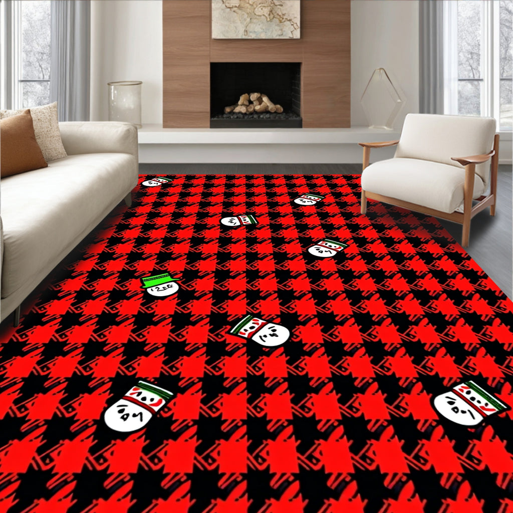 Red Black Houndstooth Snowman Crew Rug
