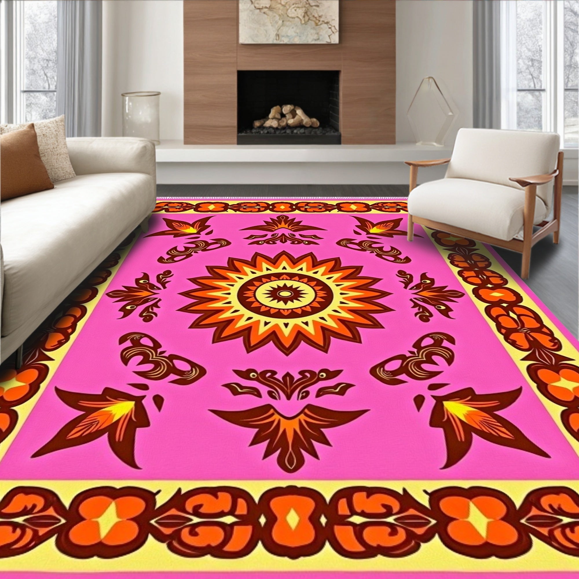 Pink Orange Sunburst Floral Medallion Rug