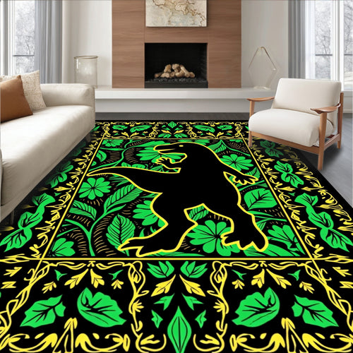 Black Dinosaur In Lush Green Garden Rug
