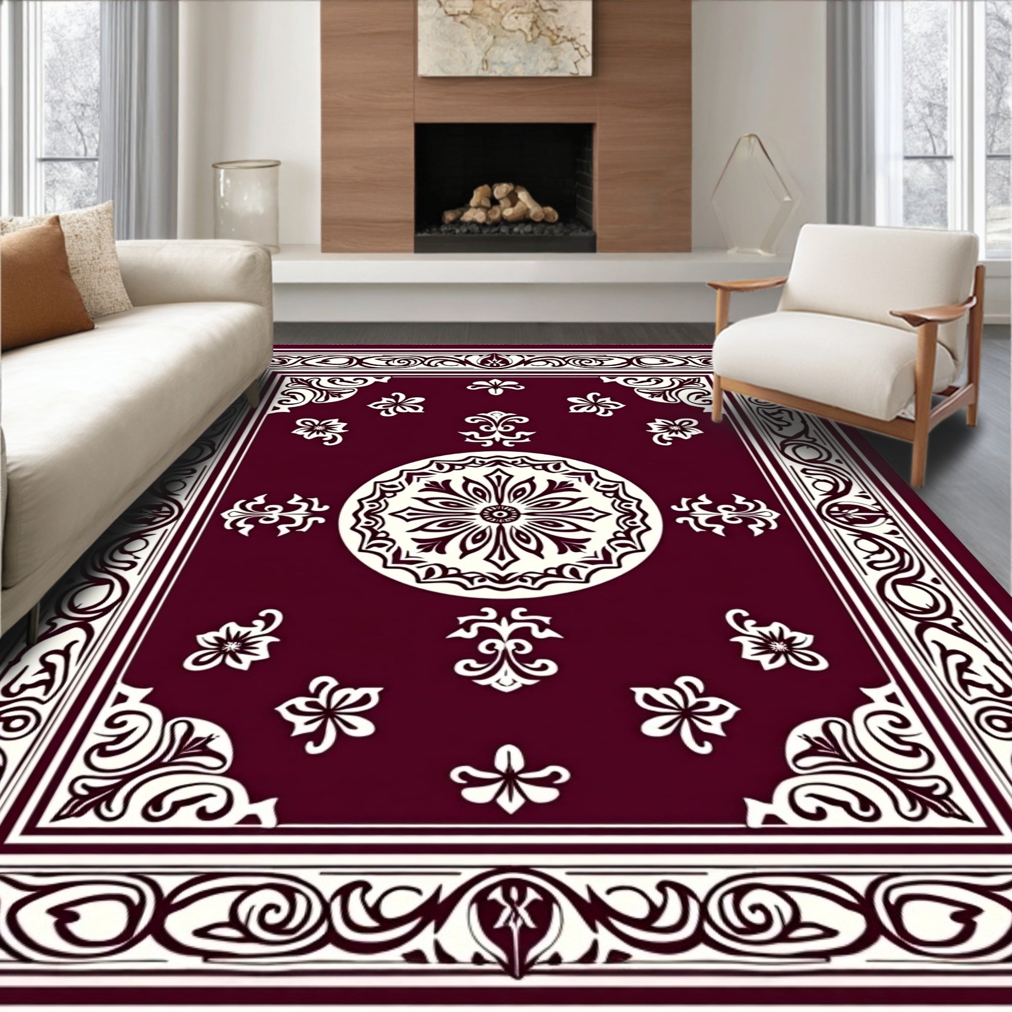 Crimson Bloom Scrollwork Frame Rug