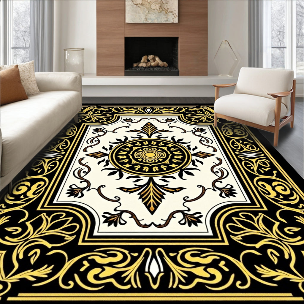 Ornate Black and Gold Floral Medallion Rug