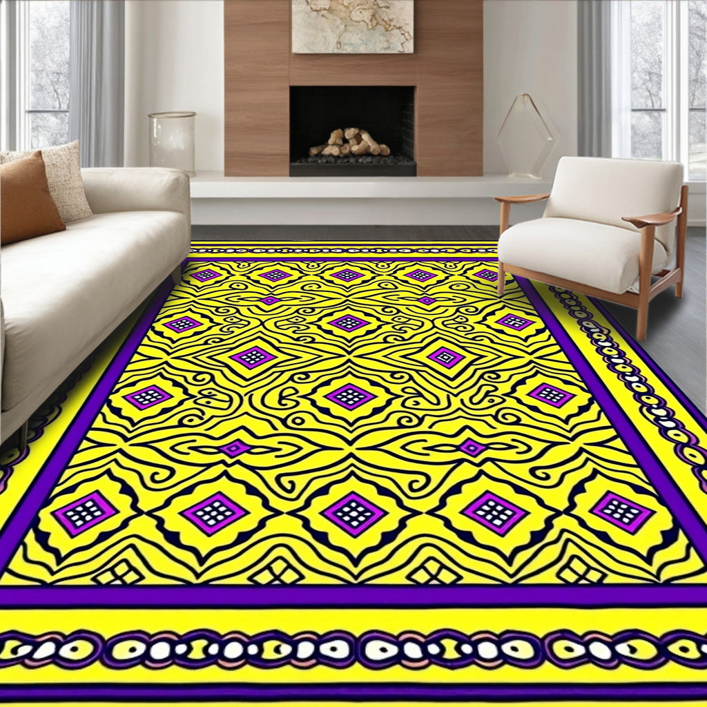 Vibrant Yellow Purple Diamond Medallion Rug