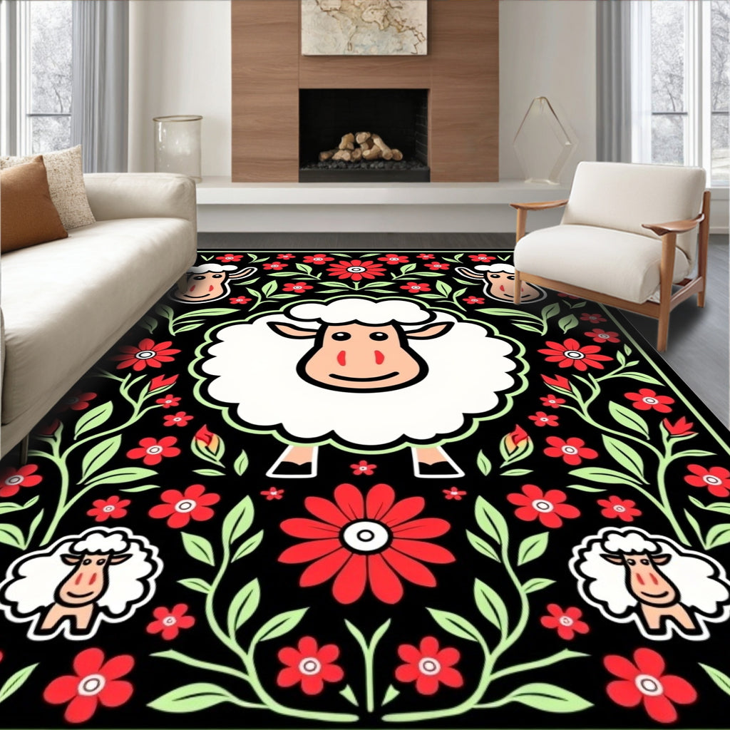 Whimsical Red Floral Sheep Garden Rug