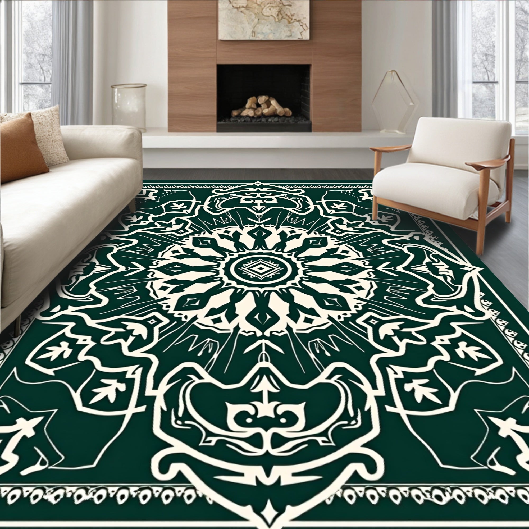 Emerald White Intricate Mandala Rug