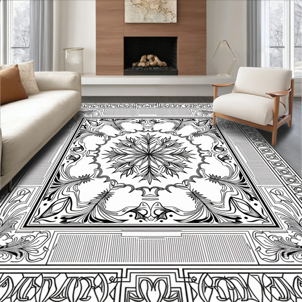 Intricate Black White Floral Mandala Art Rug