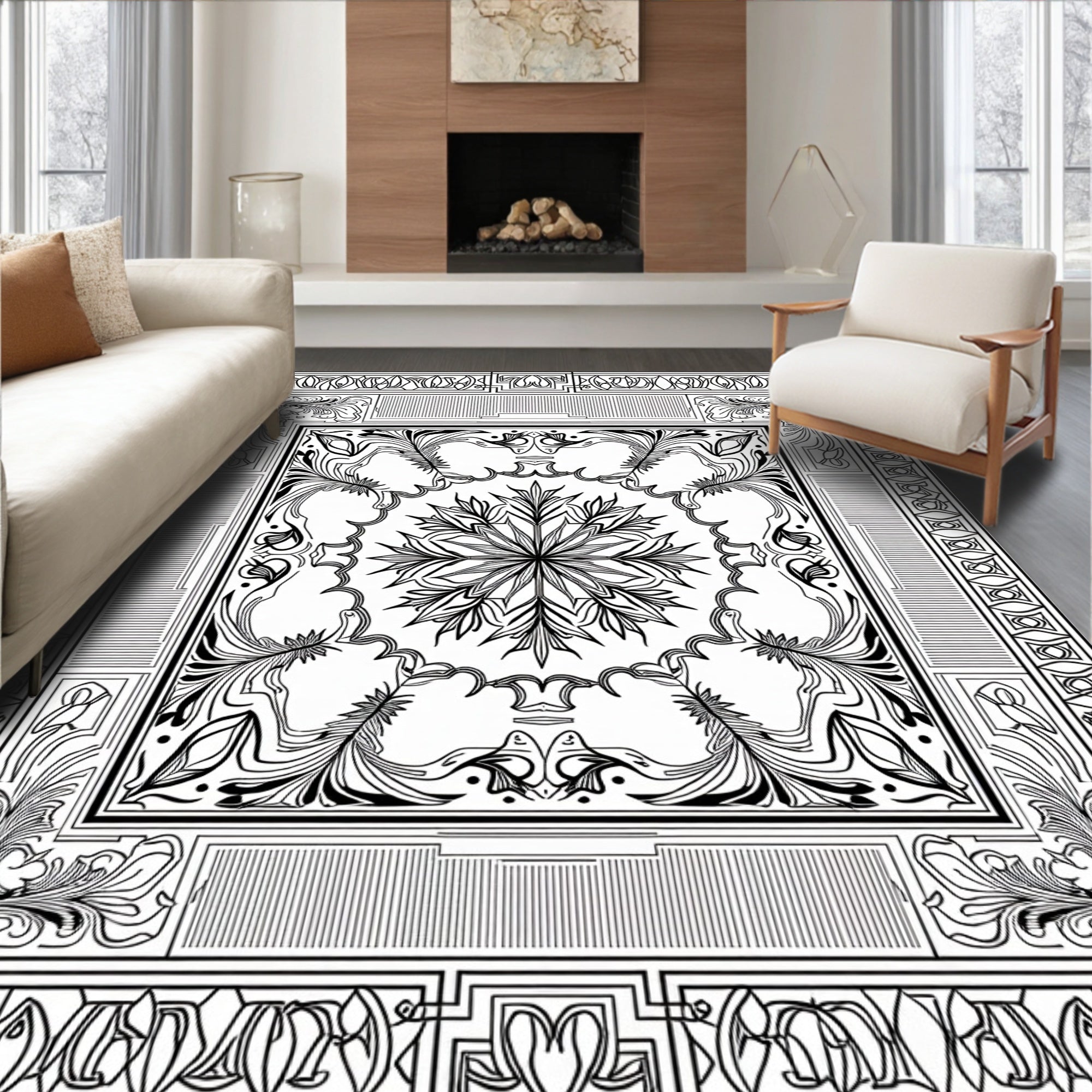Intricate Black White Floral Mandala Art Rug