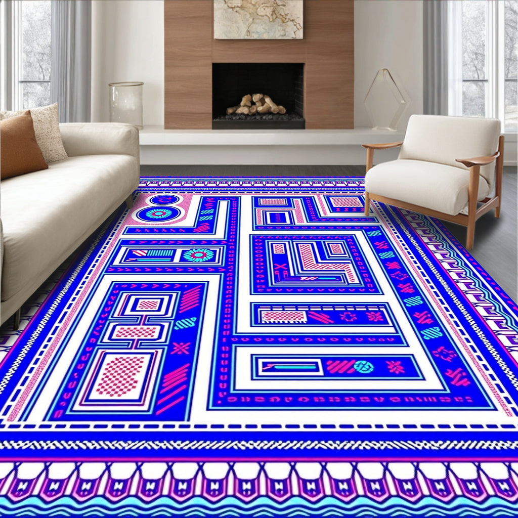 Vibrant Blue Pink Geometric Maze Rug