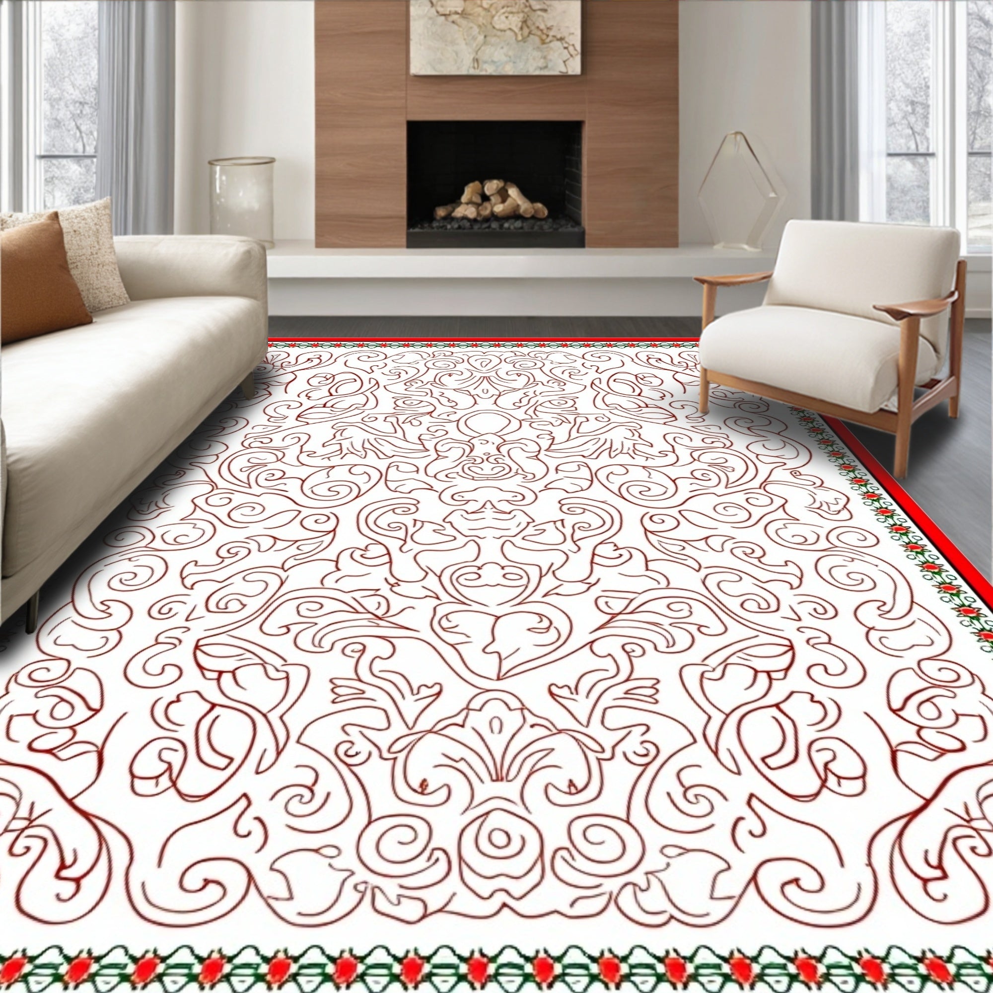 Intricate Red Floral Vines Border Rug