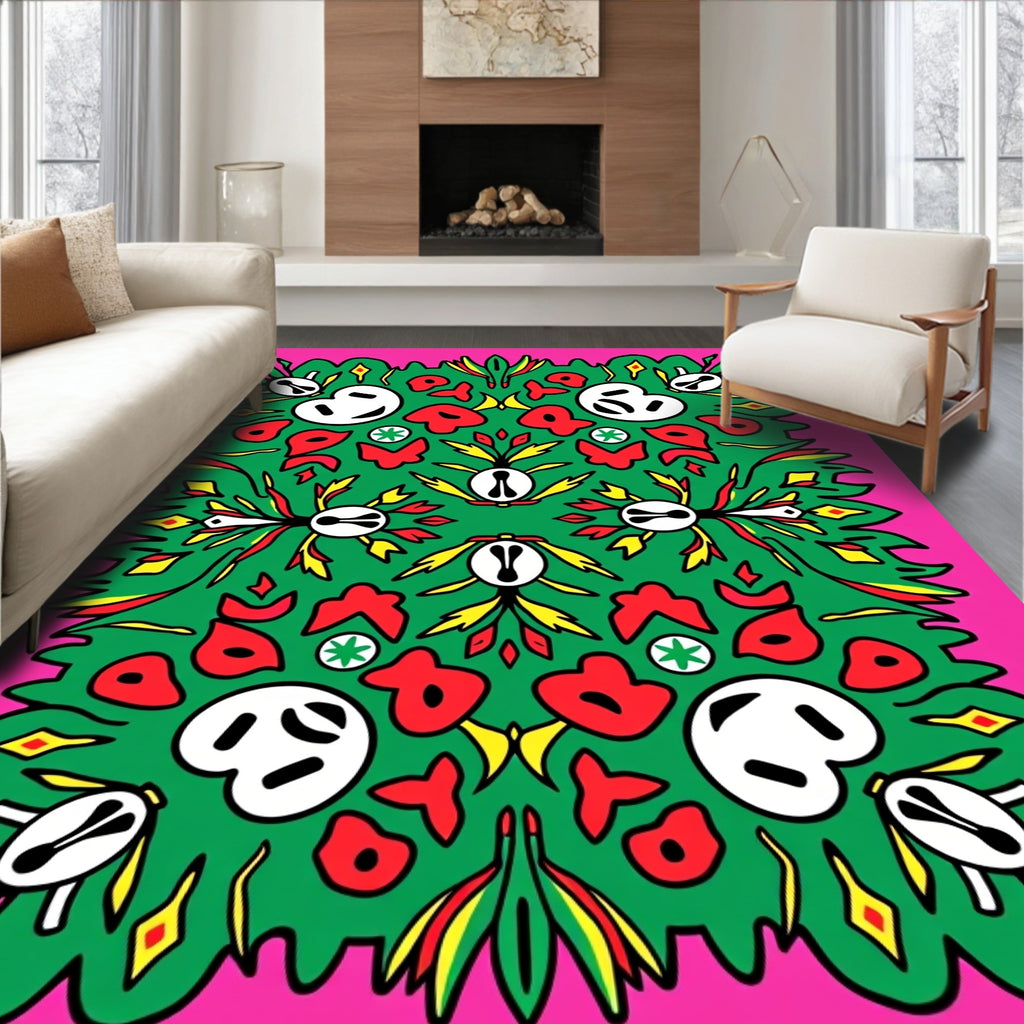 Vibrant Pink Green Abstract Figures Rug