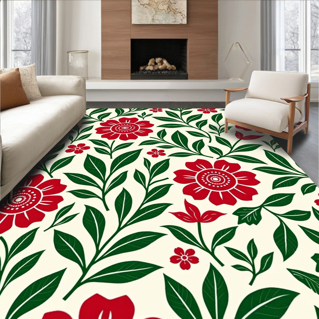 Crimson Floral Garden Leaves Rug