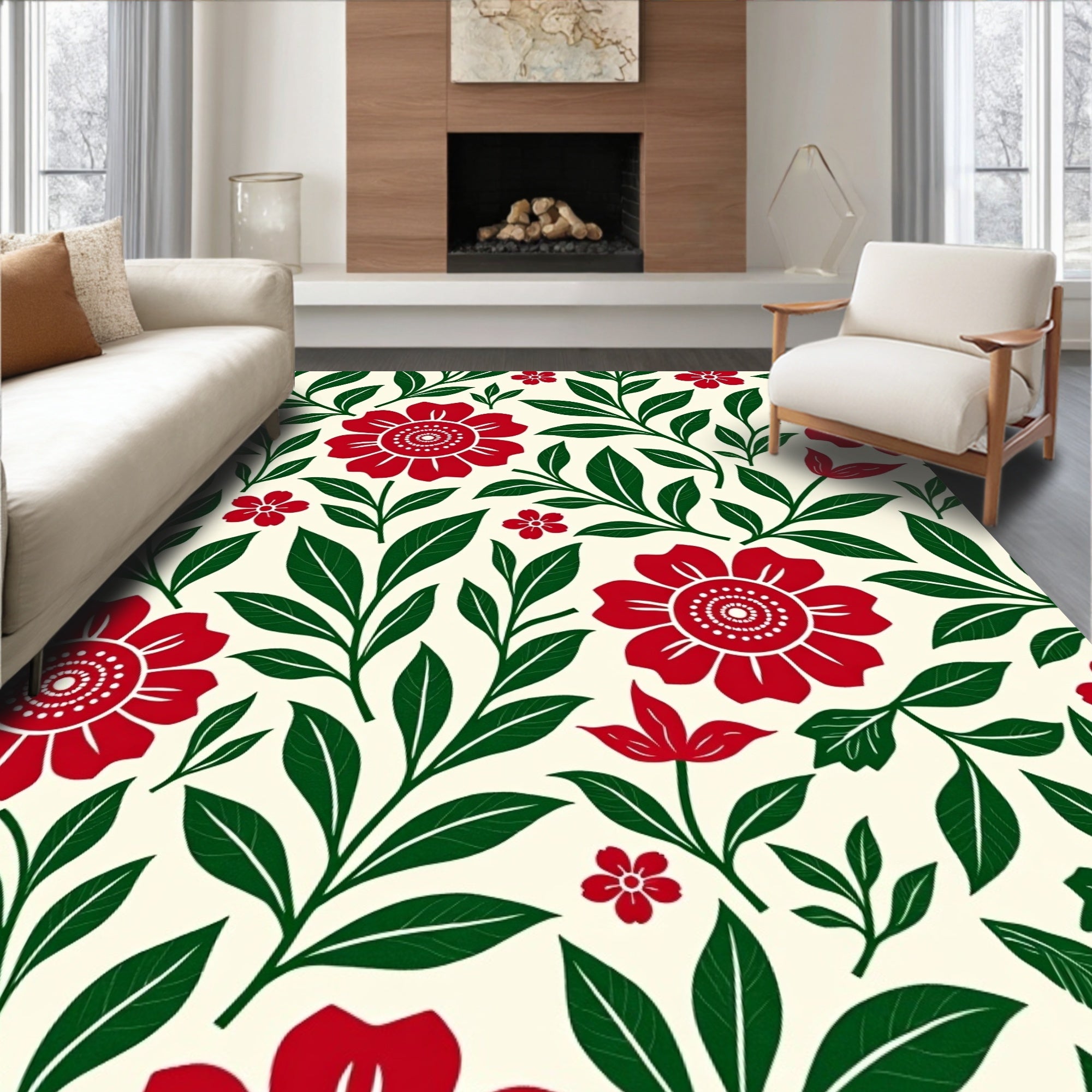 Crimson Floral Garden Leaves Rug