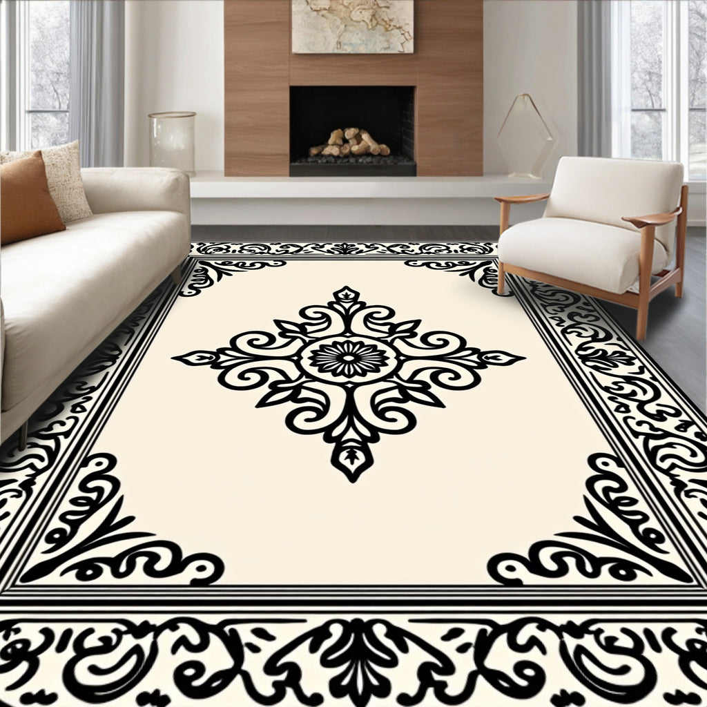 Ornate Black Scrollwork Central Medallion Rug