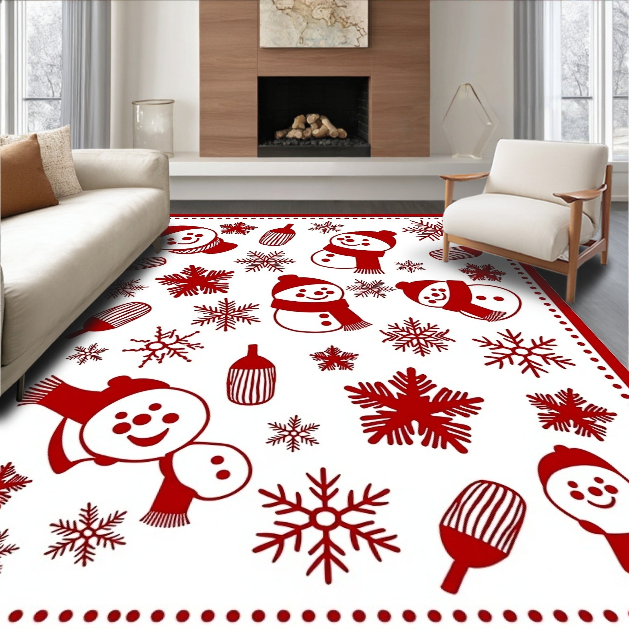 Red Snowman Snow Flake Whimsical Collage Rug