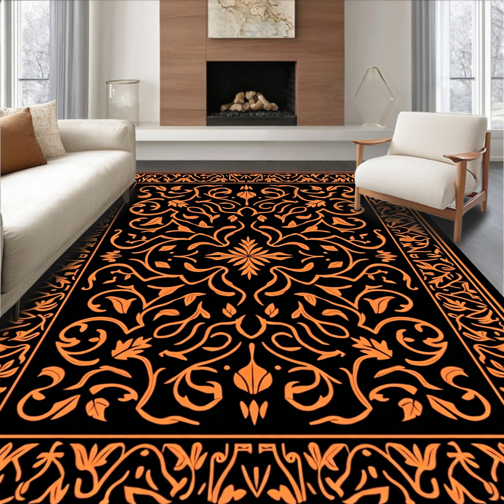 Orange Floral Scroll Black Medallion Rug