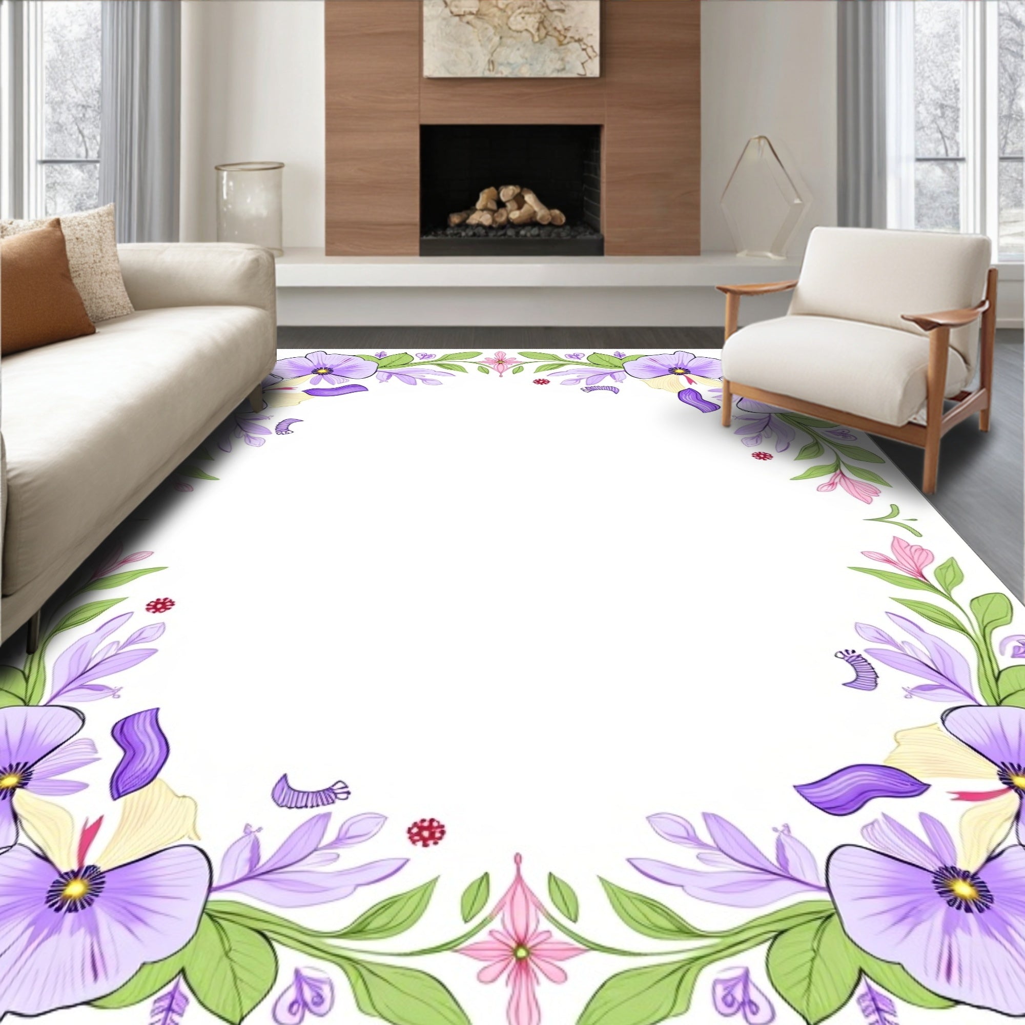 Lavender Floral Border Garden Accent Rug