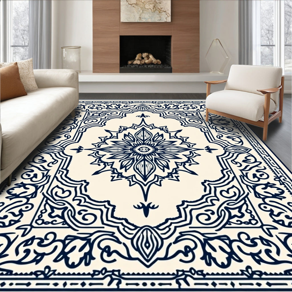 Navy Floral Medallion Border Rug