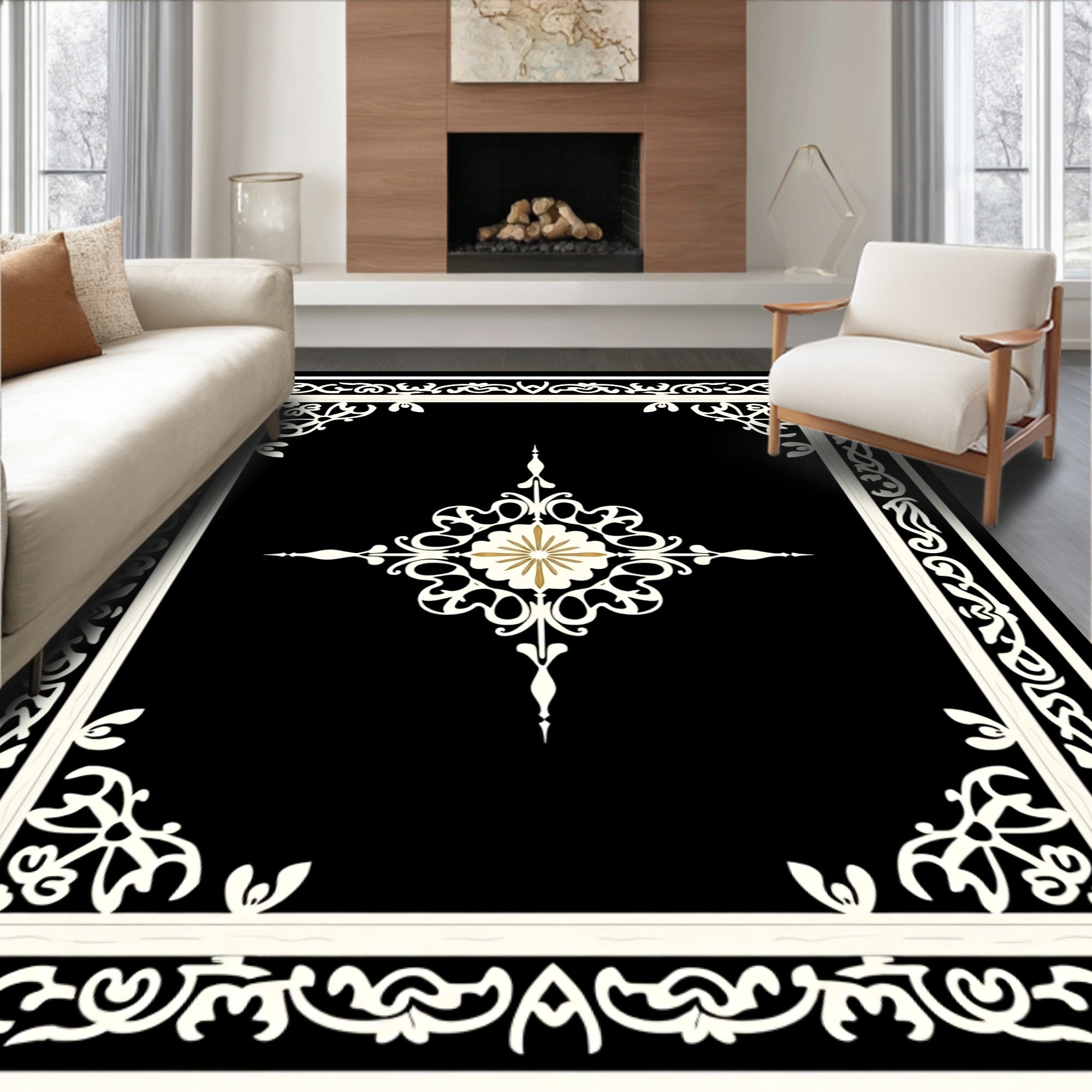 Ivory Geometric Floral Centerpiece Rug
