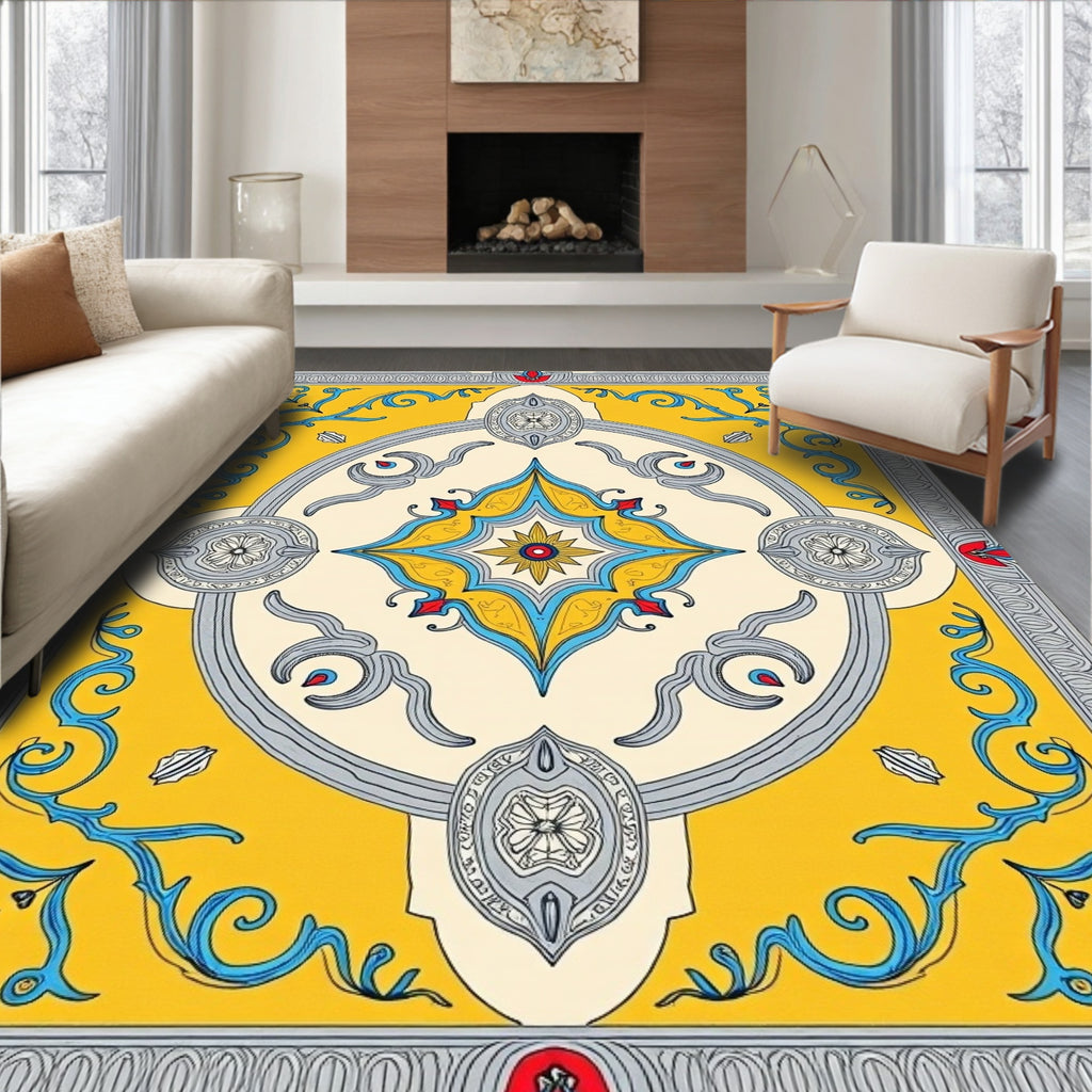 Yellow Blue Gray Floral Center Medallion Rug
