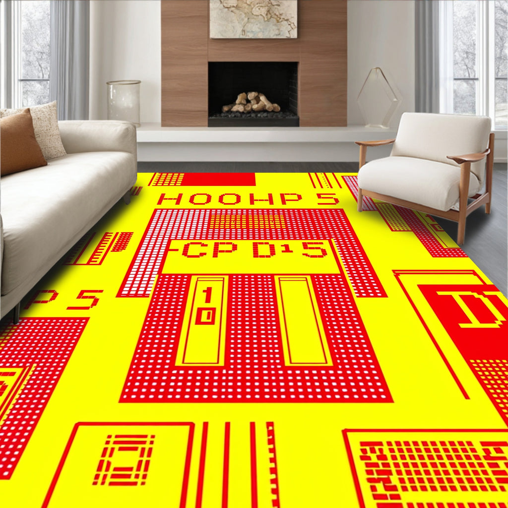 Red Yellow Pixelated Circuit Board Rug