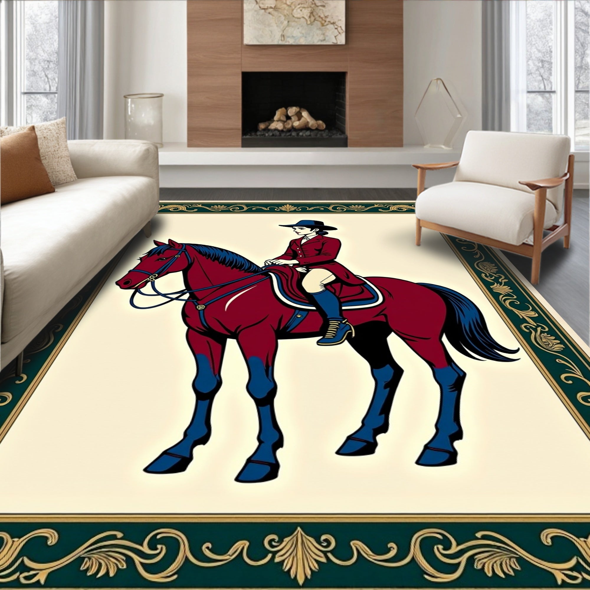 Equestrian Riding Horse Crimson Navy Frame Rug