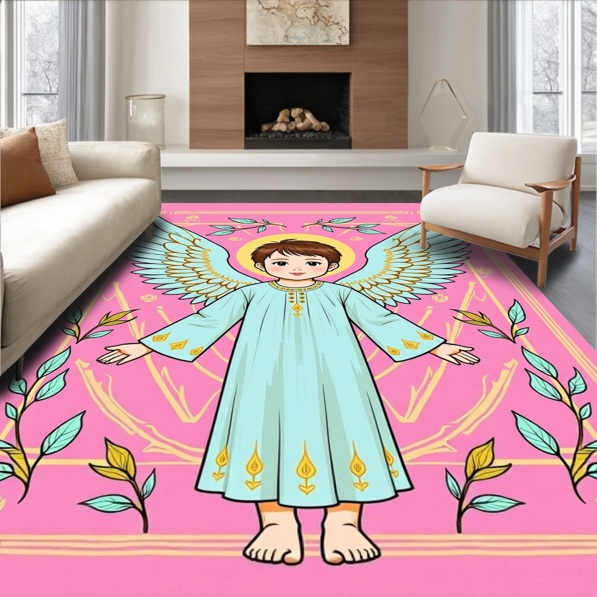 Light Blue Angel Floral Pink Accent Rug