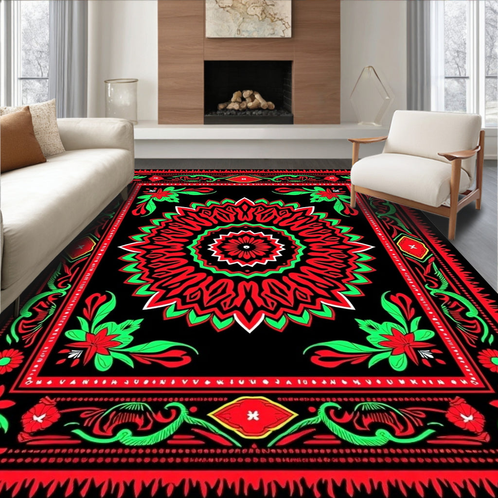 Bold Red Green Floral Mandala Tapestry Rug