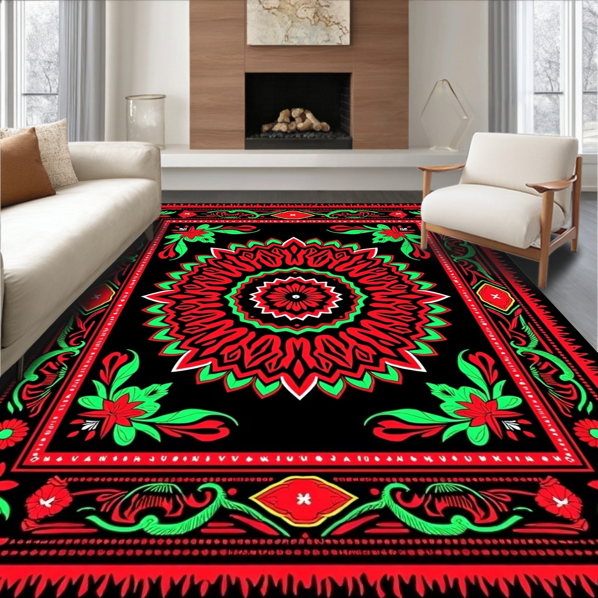 Bold Red Green Floral Mandala Tapestry Rug