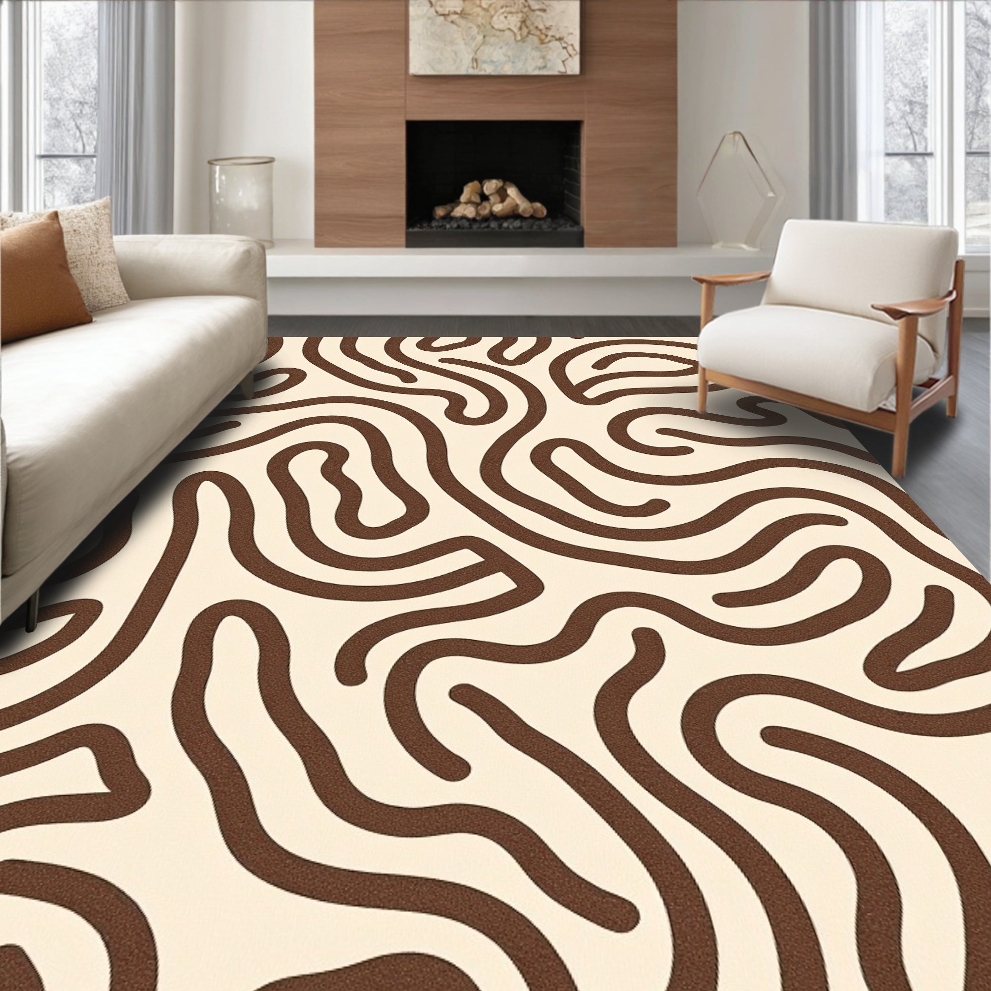 Warm Cream Brown Swirling Lines Rug