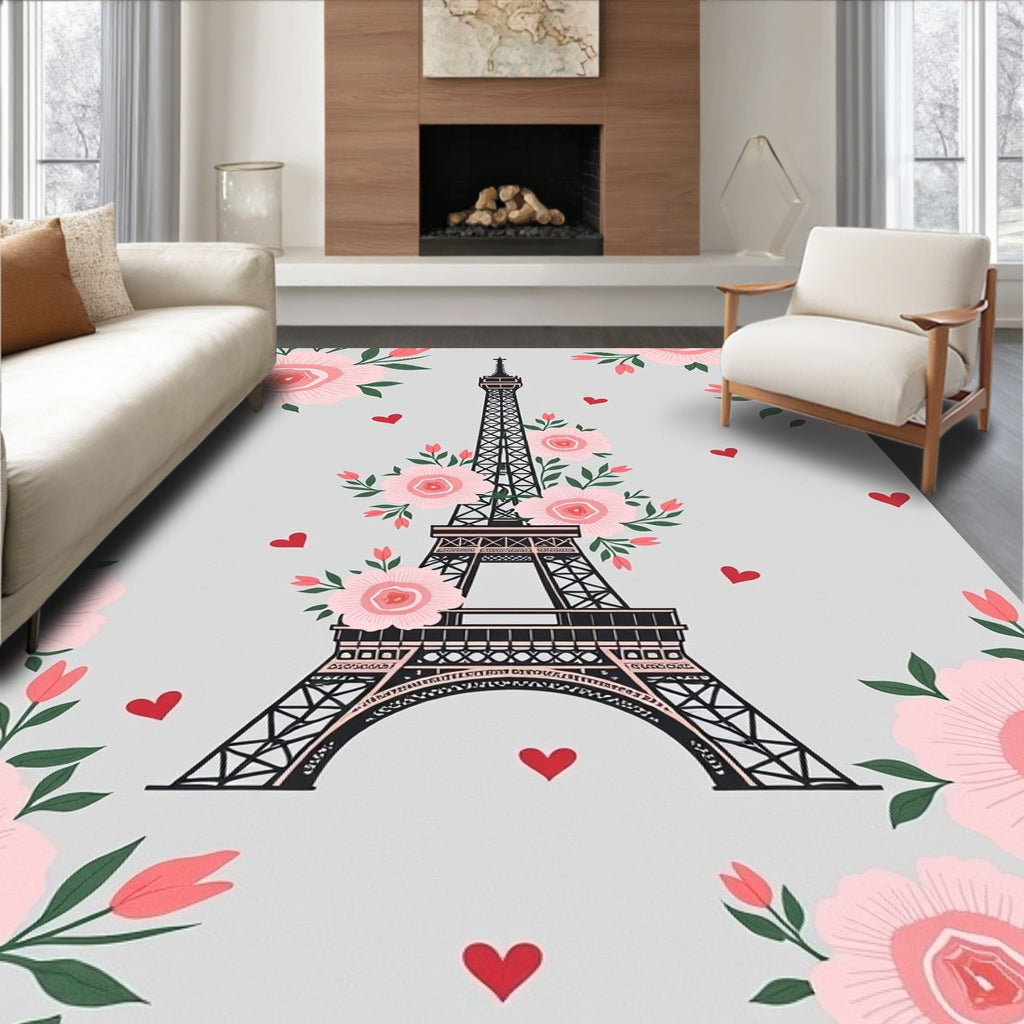Pink Roses Eiffel Tower Hearts Rug